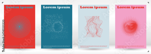 Set of Minimal Vector Brochure Design with Circles and Wave Lines. Abstract Background with Optical Illusion. Good for Brand Identity or Music Fest Invitation. Digital Cover Style.