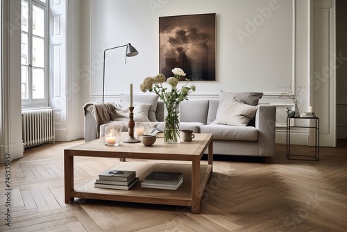 Nordic Chic: Herringbone Wooden Floor Living Room with a Stylish Wood Coffee Table