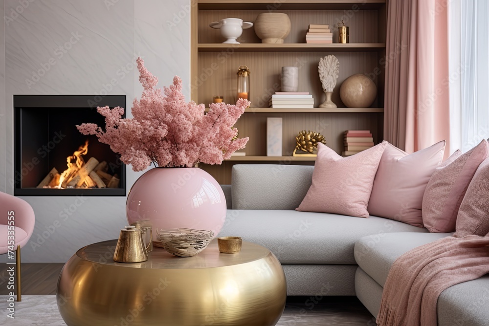 Golden Vase Glow: Contemporary Living Room with Pastel Couch & Cozy Fireplace