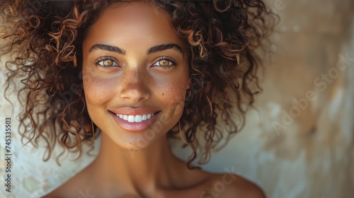 Close-up portrait of a young woman with a bright smile, curly hair, and freckles, exuding natural beauty and confidence.