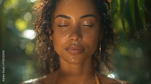 A young woman with closed eyes and dewy skin, exuding a sense of serenity amidst a lush tropical background.