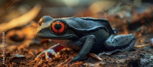 This close-up shot showcases a rare red-eyed frog, a small animal known for its vibrant red eyes. The frogs distinctive red eyes are the focal point of the image, highlighting its unique and striking photo