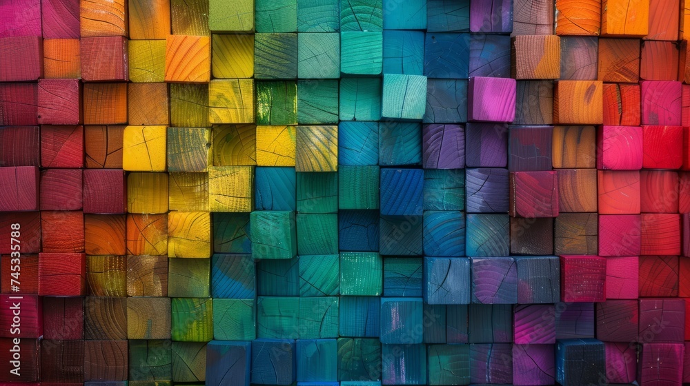 Vibrant spectrum: multicolored wooden blocks aligned - creative background or cover concept Vibrant spectrum: multicolored wooden blocks aligned - creative background or cover concept