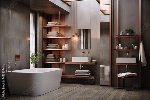 Rose Gold Loft Bathroom with Concrete Walls & Wooden Accents
