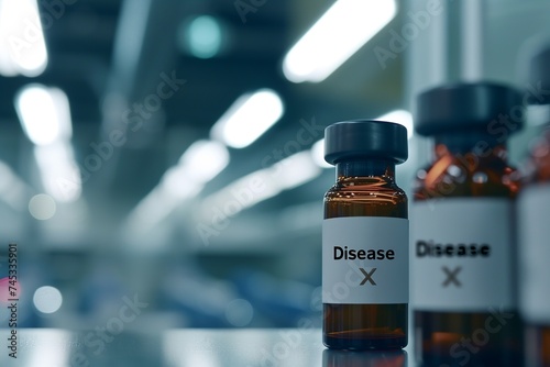 Ampoules with vaccine against disease X or coronavirus on a blurred background. Close-up of a vial containing a vaccine against a disease. Vials for injections. Copy space. Vaccination concept