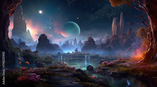 Futuristic lunar panorama: an alien terrain illuminated by a distant moon, showing rocks, water and unique vegetation in the haze.