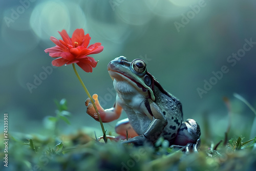 лягушка держит в лапе красный цветок © Elena