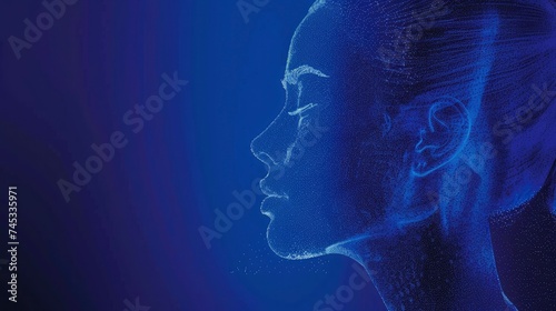 Minimalist Profile, Point Cloud Forming the Silhouette of a Woman, Set Against a Deep Blue Background