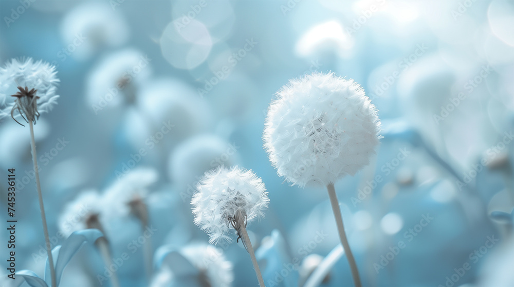 Obraz premium White Fluffy Dandelions in the Meadow against Blue Background. Pure and Clean Botanical Backdrop with Copy Space.