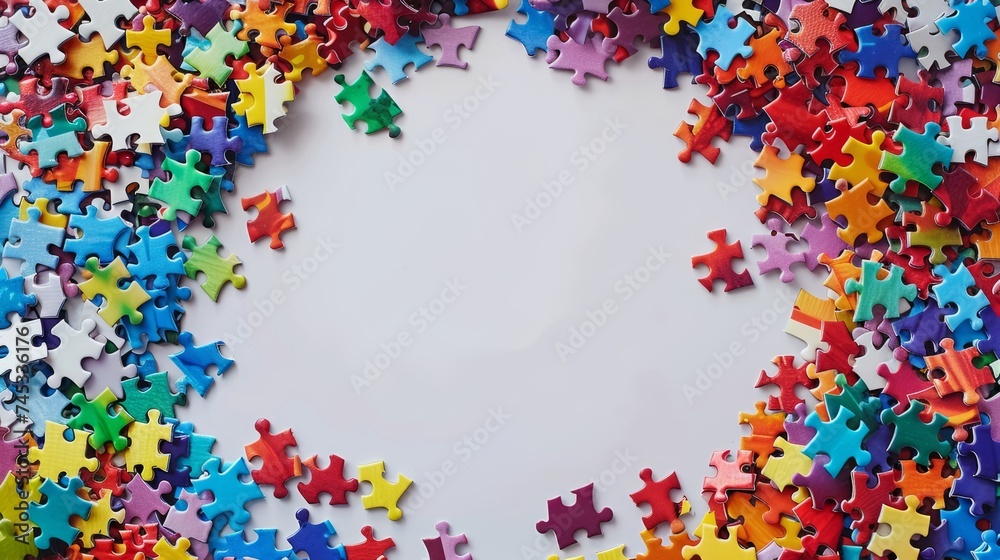 Vibrant rainbow jigsaw puzzle frame encircling creepy white blank space – abstract colorful background Vibrant rainbow jigsaw puzzle frame encircling creepy white blank space – abstract colorful background