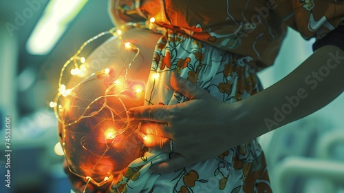 closeup of pregnant woman with newborn baby child, embracing motherhood with glowing lights in hospital maternity ward
