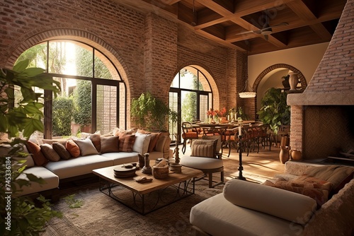 Mediterranean Charm: Exposed Brick Wall Interiors, Arches, Wooden Beams, and Terra Cotta Floor Design © Michael