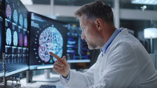 doctor utilizing AI for digital brain model demonstration, improving visualization and virtual reality applications in healthcare