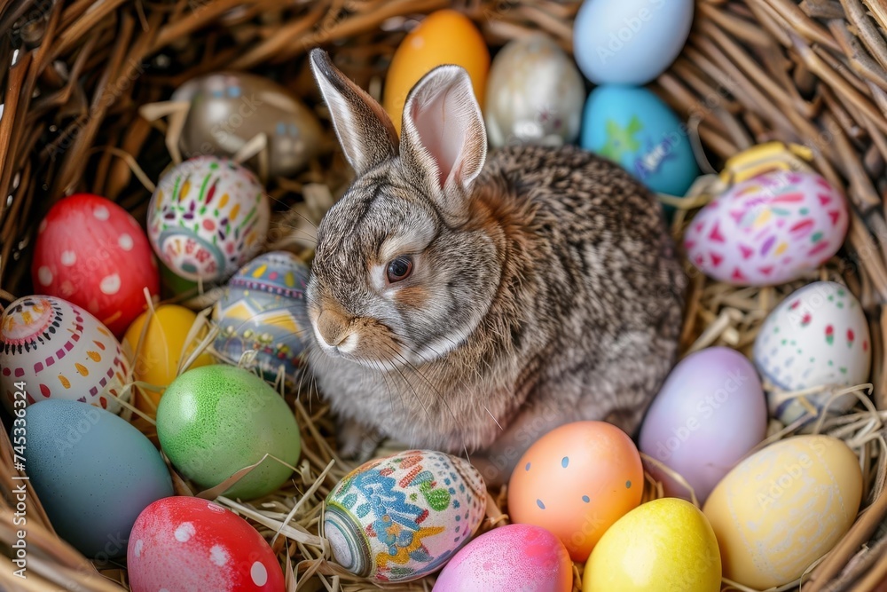 Furry rabbit nestled in a wicker basket surrounded by a rainbow of decorated easter eggs