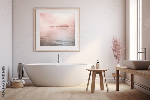 Minimalist Bathroom Elegance  Rose Gold Fixtures  Art Poster  Wooden Floor Cozy Ambiance