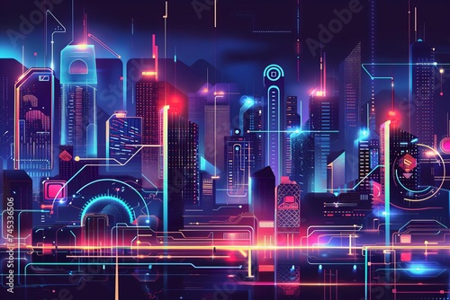 Futuristic city illustration Merging urban architecture with digital and neon elements to depict a high-tech future.