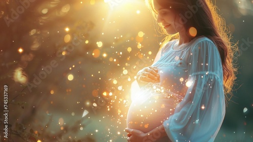 concept of miracle of birth with woman s glowing pregnant belly  embracing the happiness and anticipation of welcoming a newborn