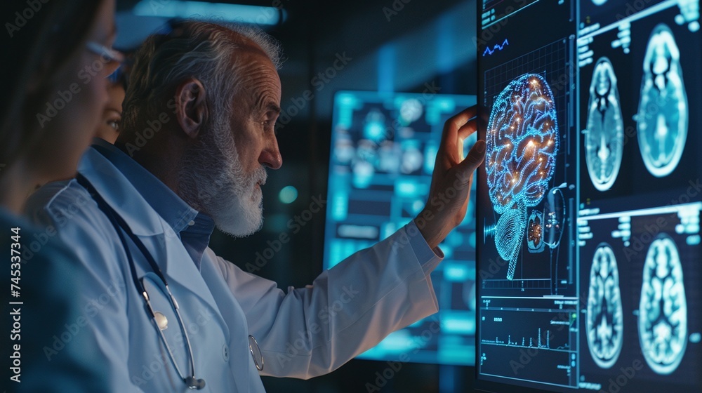exploring the future of healthcare: doctor showing digital brain model ...