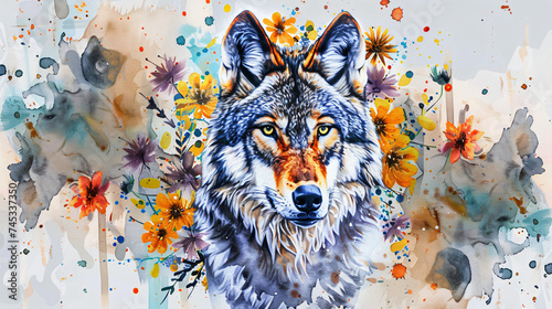 A watercolour wolf artwork in flowers in the style 