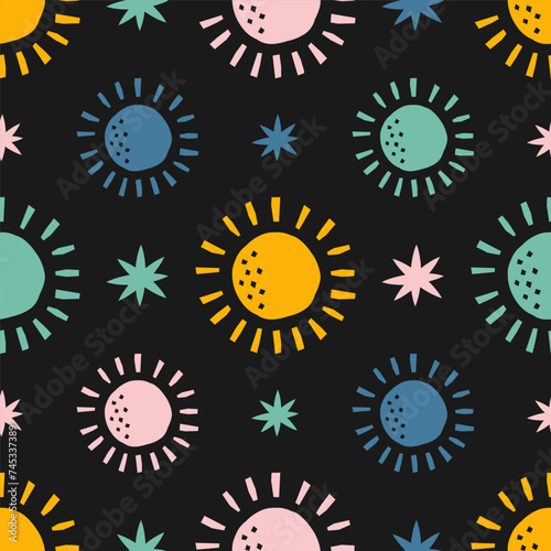 Seamless pattern with colorful sun and stars