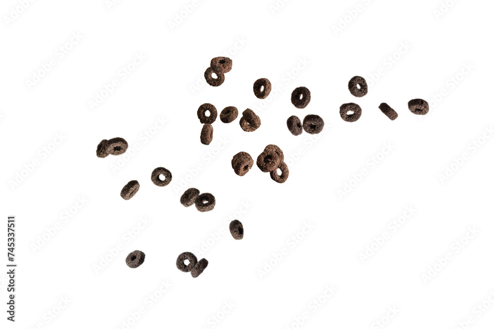 Chocolate rings cereal spill out into a bowl. Breakfast. Chocolate rings cereal spill out into a bowl. Breakfast.