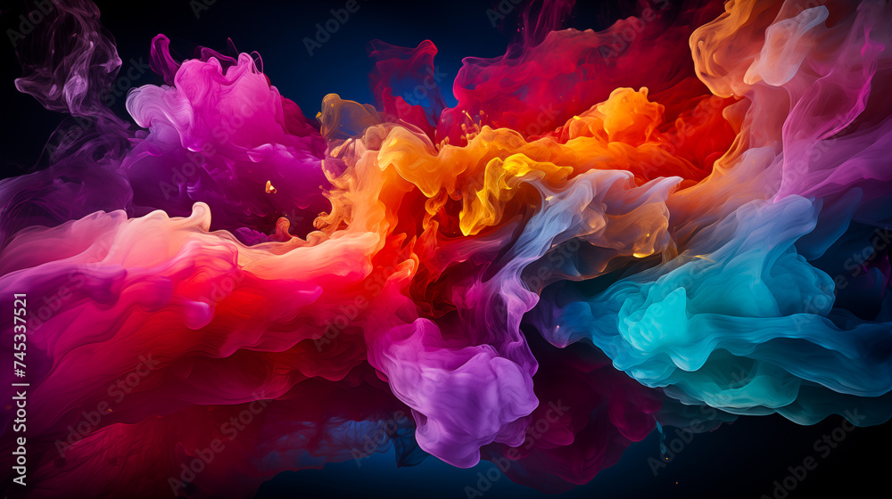 Striking explosion of vivid colors in motion, resembling a dynamic, abstract floral form. - obrazy, fototapety, plakaty 