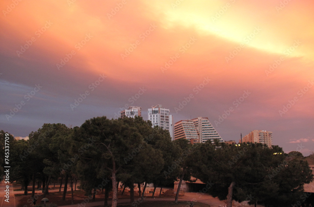 orange sky at dawn in the park in spanish city of Valencia, Spain