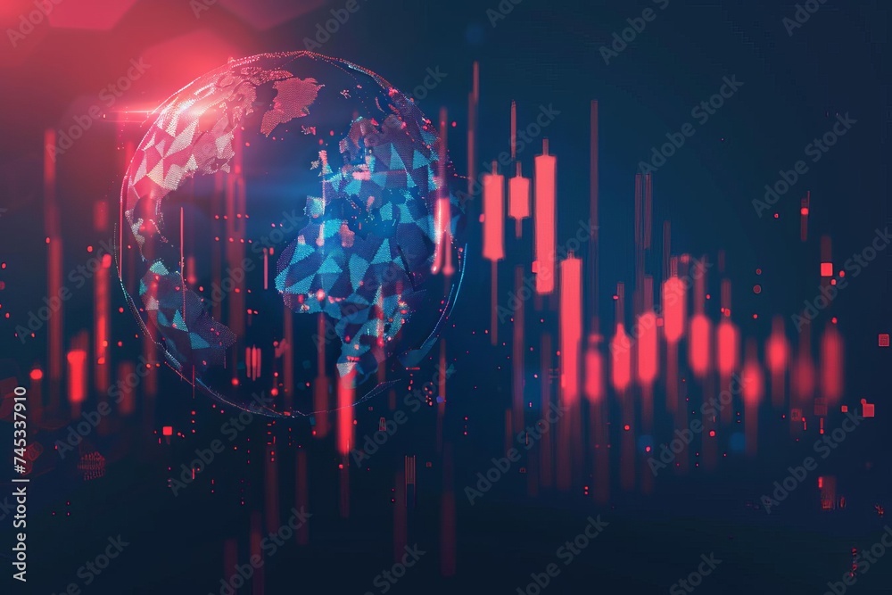 Global finance and market trends concept with a chart and globe visual Integrating low poly and wireframe elements - obrazy, fototapety, plakaty 