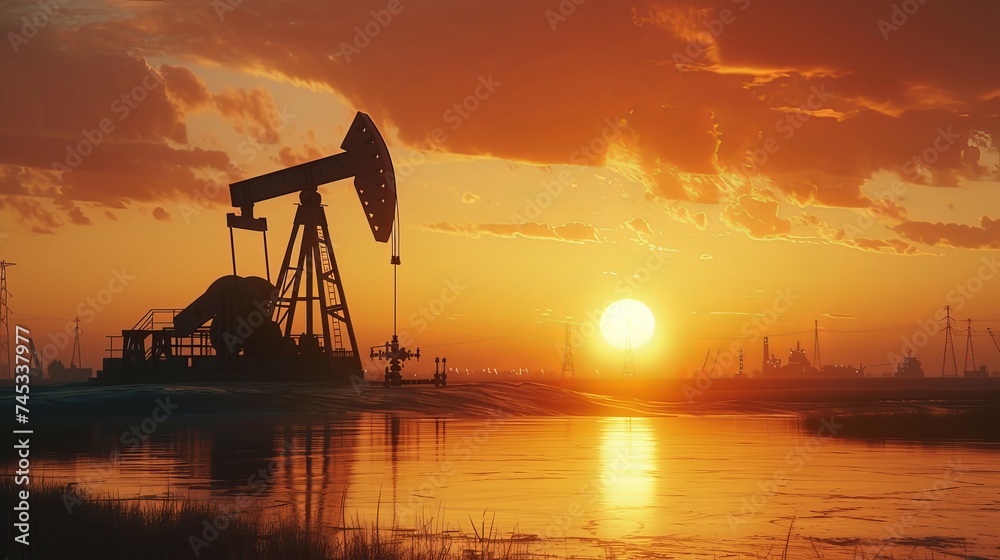 An oil pump and an oil rig are industrial machines used in petroleum design, with a sunset backdrop.