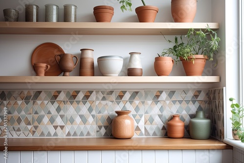 Modern Kitchen Design: Stylish Mosaic Backsplash in Scandinavian Home with Chic D�cor, Wooden Shelves, and Terracotta Pots