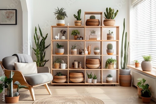 Cozy Modern Living Area with Cactus Decors and Succulent Arrangements on Wooden Shelving © Michael