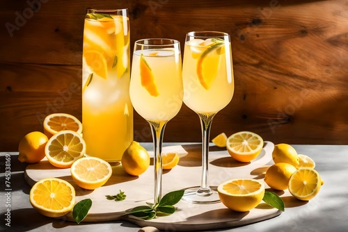 glass of champagne with lemon , Indulge in the refreshing allure of homemade Limoncello spritz with a tantalizing view of the golden elixir swirling in a cocktail glass