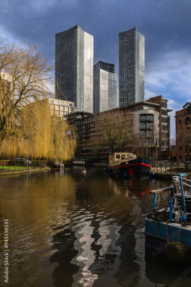 Narrow boats on Deansgate Canal in Downtown Manchester 
