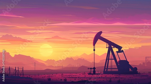 An oil pump and an oil rig are industrial machines used in petroleum design, with a sunset backdrop. photo