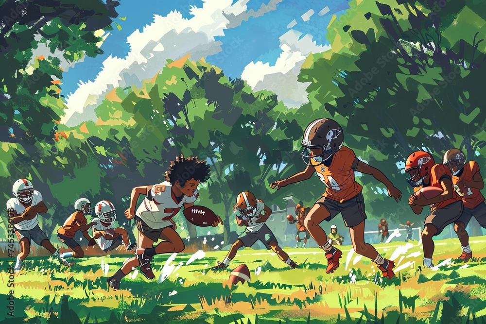 illustration of kids playing American football in an grassland open space 