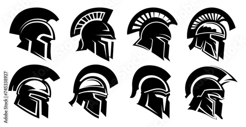 A collection of vector logos of spartans helmets.