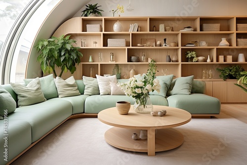 Green Mint Sofa in Modern Sunken Living Area with Round Table and Wooden Shelf Decor