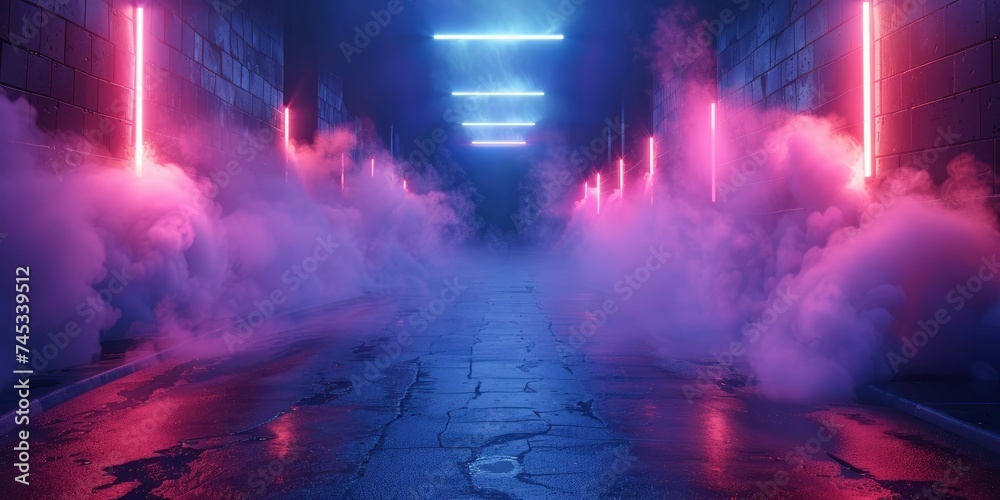 Atmospheric Studio, Empty Dark Scene with Neon Lights, Spotlights Illuminating the Floor, and Smoke Floating Up, Enhancing the Interior Texture