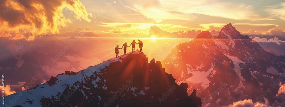 spectacular sunset landscape as a team of friends embarks on an outdoor adventure, supporting each other on the journey to reach the mountain top