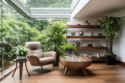 Chic Modern Villa with Glass Coffee Table  Leather Armchair  Wood Shelf  and Plants