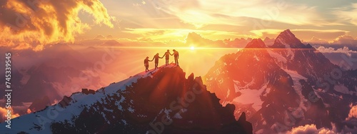 spectacular sunset landscape as a team of friends embarks on an outdoor adventure, supporting each other on the journey to reach the mountain top photo