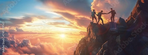 team of people united in outdoor adventure, climbing towards the mountain top in the glorious sunset scenery