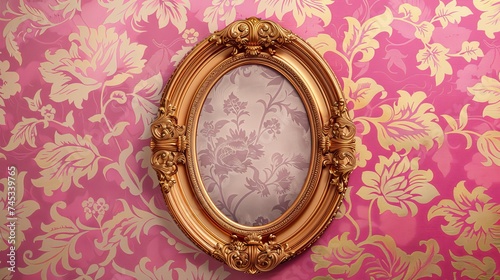 Wallpaper featuring an Art Nouveau floral design and an oval gilded picture frame