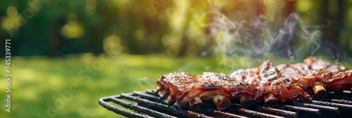 Sizzling BBQ Ribs, Close-Up of Barbecue Grill with Mouthwatering Ribs, Background Featuring a Blurry Green Lawn. Ample Space for Text on the Side.