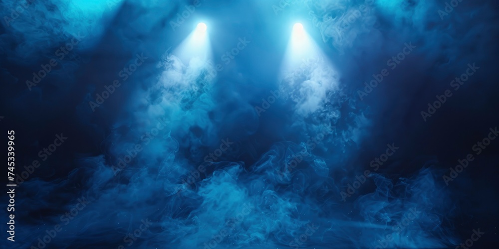 Dynamic Stage Atmosphere, Illuminated by Scenic Lights and Smoke, Blue Spotlight with Volume Light Effect on Black Background Evokes Stadium Cloudiness Projection
