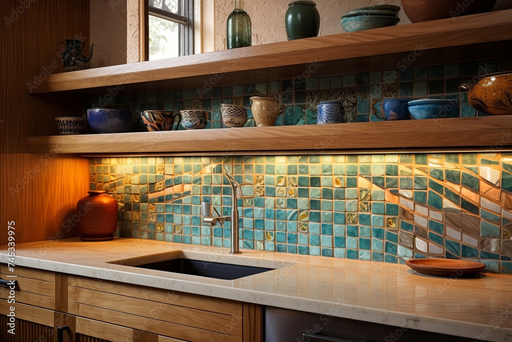 Mosaic Tile Minimalism: Inspiring Art Deco Kitchen with Wooden Cabinets and Colorful Ceramics