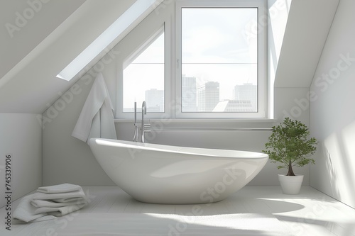 A serene attic bathroom with a contemporary oval bathtub  surrounded by neutral tones  minimalist decor  and a view of the city skyline through a small window.