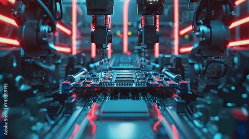 precision robot arms ensure quality control and component installation in automated circuit board assembly line at electronics factory photo