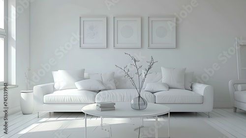 A serene white living room adorned with a plush couch  a sleek coffee table  and captivating mockup pictures on the wall  creating a cozy ambiance.