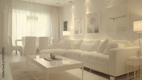 A serene white living room adorned with a plush couch  a sleek coffee table  and captivating mockup pictures on the wall  creating a cozy ambiance.